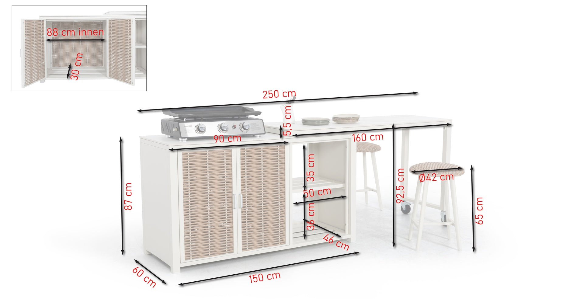 Caprice Outdoor-Kücheninsel mit ausziehbarer Tischplatte in Marmoroptik, Aluminiumgestell in Weiß oder Anthrazit und 2 Hockern mit Kunststoffgeflecht.