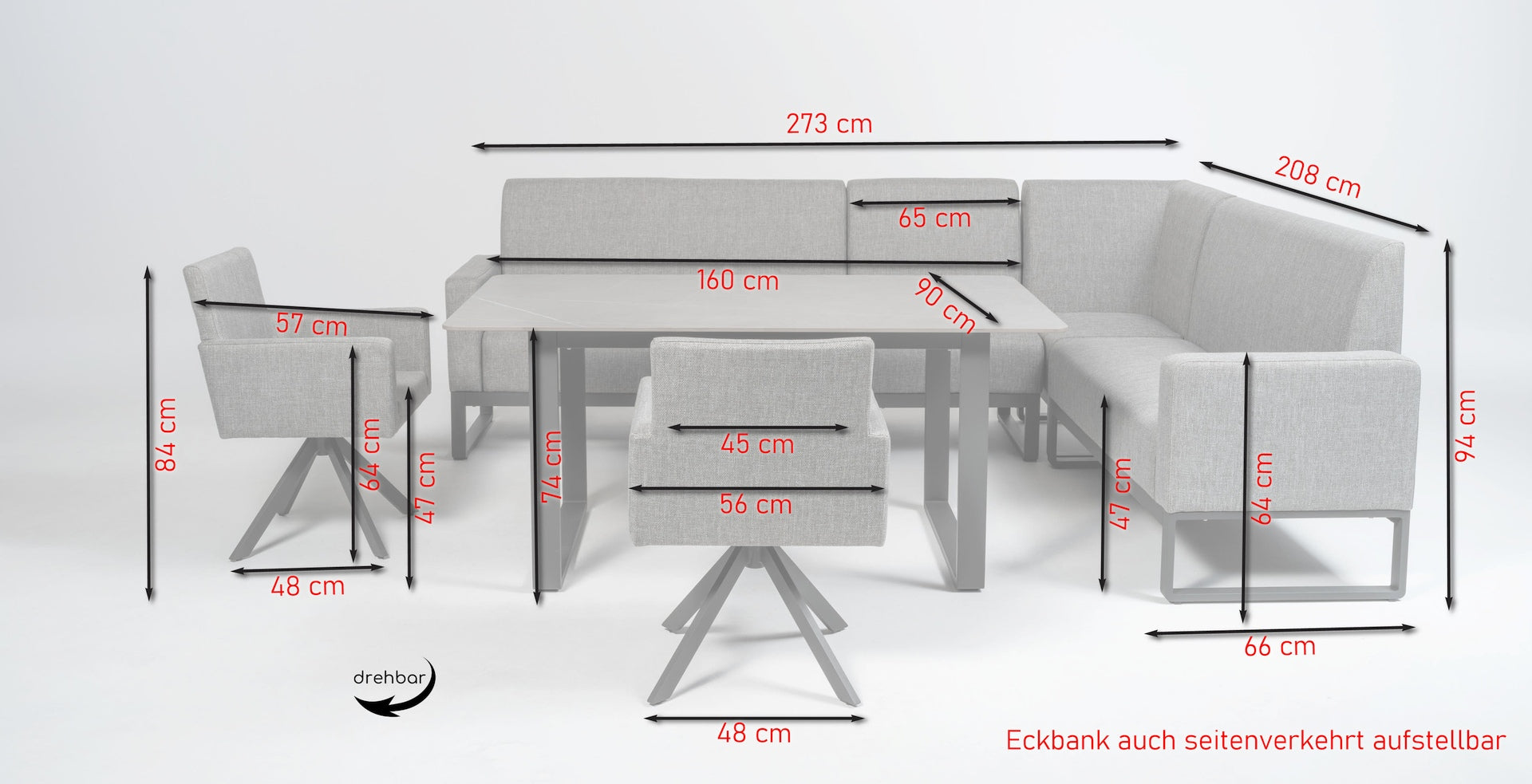 Cassandra Eckbankgruppe in Grau mit drehbaren Armstühlen und Sinterstone-Tisch.