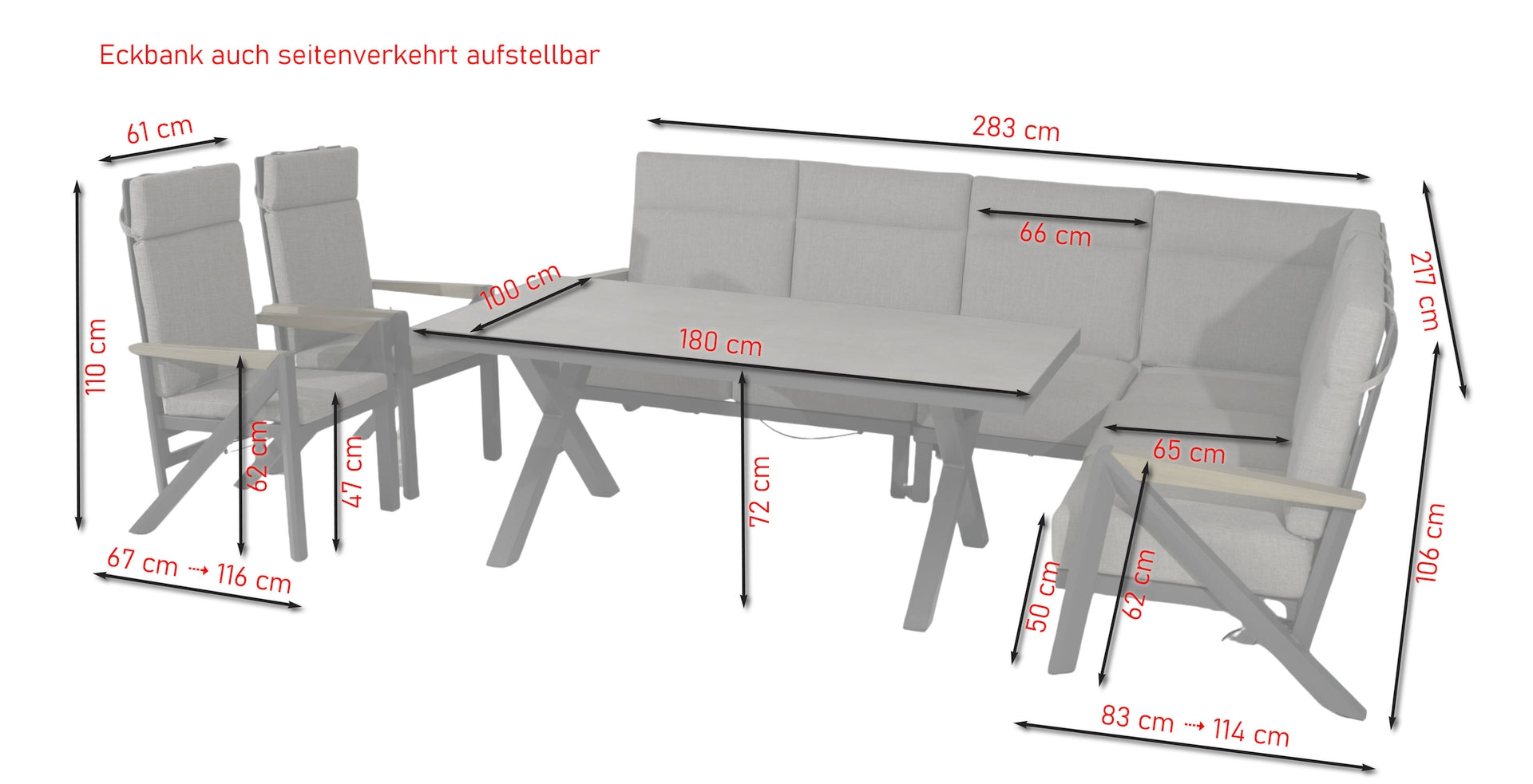 Eckbankgruppe Elijah mit Aluminiumgestell, verstellbaren Lehnen und hellgrauen Kissenauflagen, Tisch mit ESG-Glasplatte in Steinoptik.