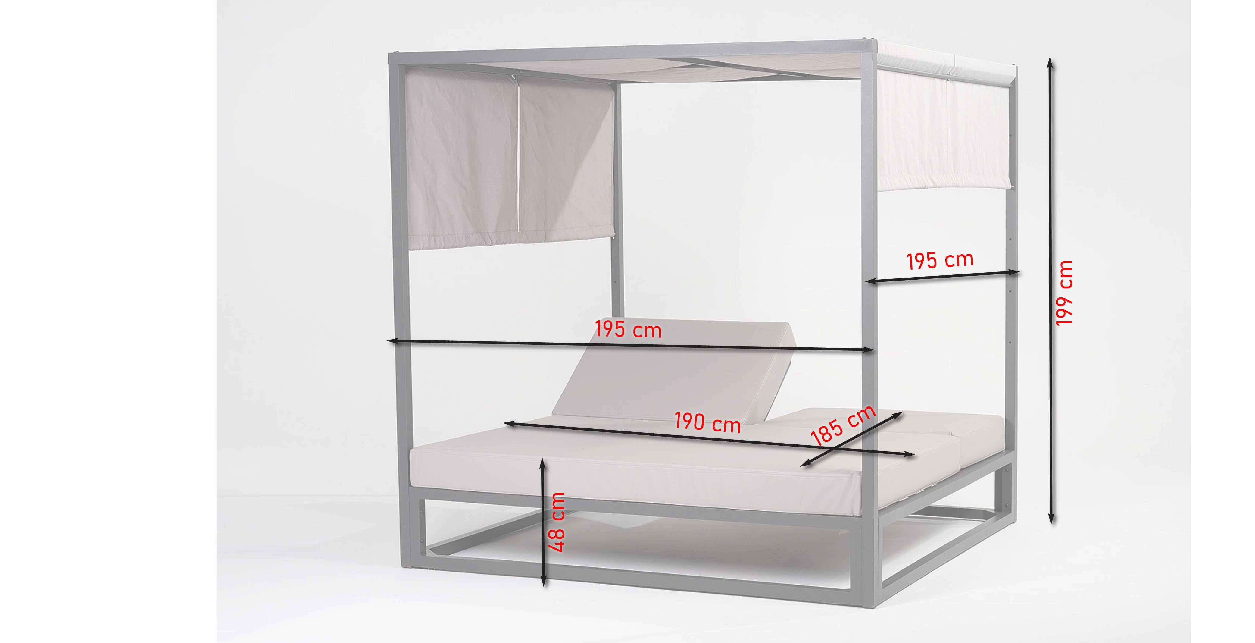 Daybed Indira mit Aluminium-Gestell in Anthrazit, grauem Sonnendach und hellgrauen, wasserfesten Kissen.